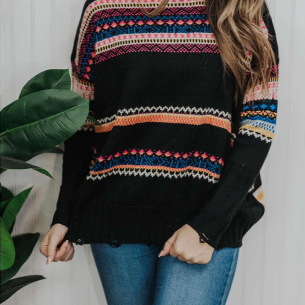 Easel Multicolor Patterned Crew Neck Sweater - image 1